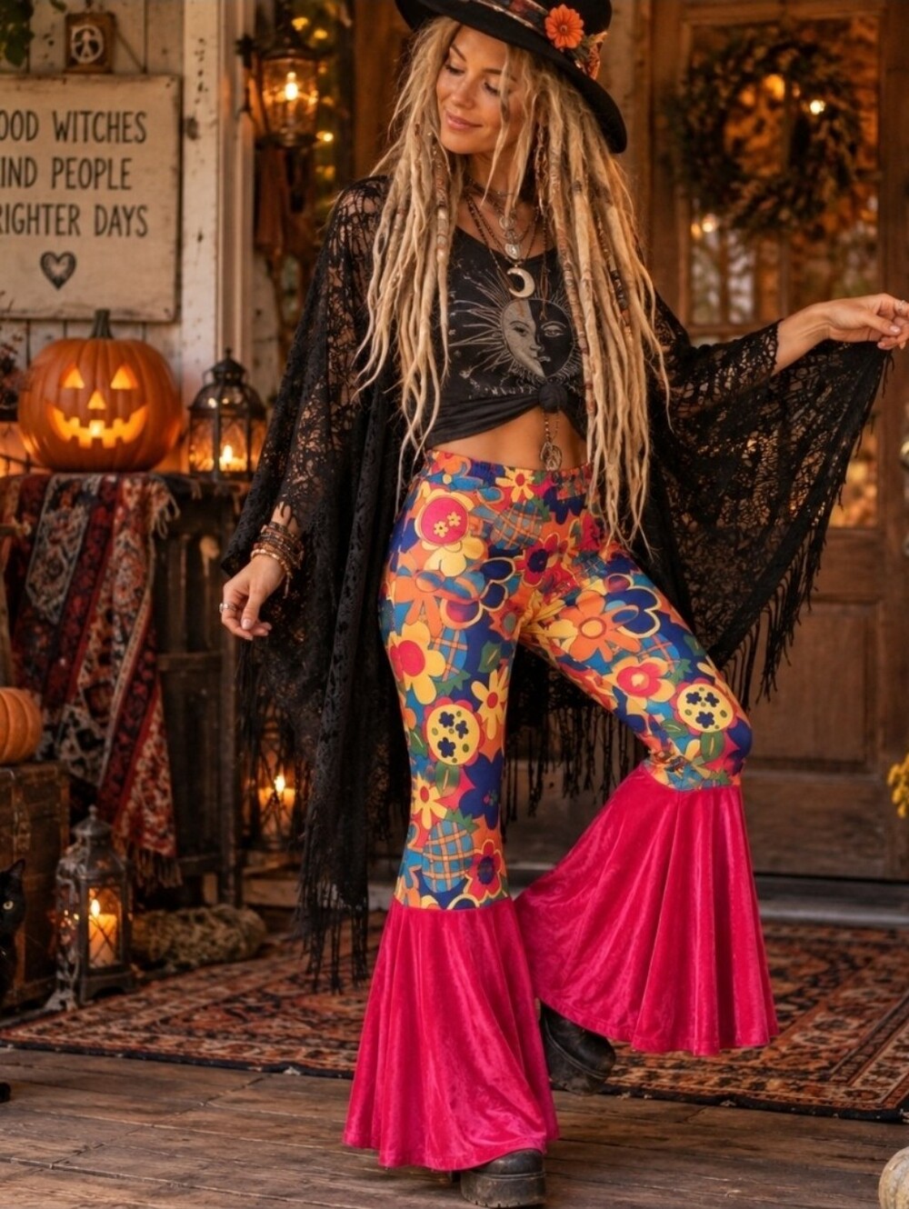 4/$15 Rubie’s Colorful Floral Flare Pants Small Maximalist Boho Festival 70s